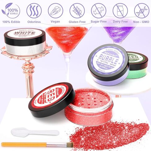 ERCorArt Edible Glitter - 4 Colors Luster Dust Edible Glitter for Cocktails, Food Grade Cake Decorating Shimmering Glitter for Drinks, Powder Glitter for Chocolate, Fondant, Drinks, Painting - 5g in Kuwait