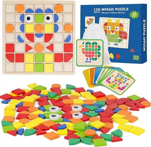 Wooden Pattern Blocks Set 120 Pcs Geometric Shapes Puzzle Classic Montessori Educational Tangram Toys with 24 Design Cards for 4-8 Year Old Kids in Kuwait