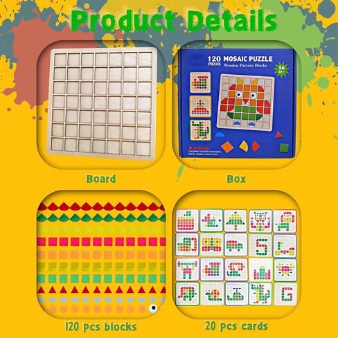 Wooden Pattern Blocks Set 120 Pcs Geometric Shapes Puzzle Classic Montessori Educational Tangram Toys with 24 Design Cards for 4-8 Year Old Kids in Kuwait