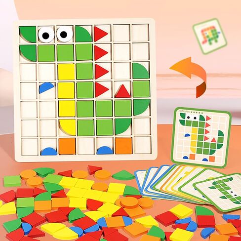 Wooden Pattern Blocks Set 120 Pcs Geometric Shapes Puzzle Classic Montessori Educational Tangram Toys with 24 Design Cards for 4-8 Year Old Kids in Kuwait