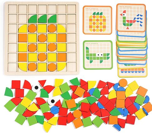 Wooden Pattern Blocks Set 120 Pcs Geometric Shapes Puzzle Classic Montessori Educational Tangram Toys with 24 Design Cards for 4-8 Year Old Kids in Kuwait