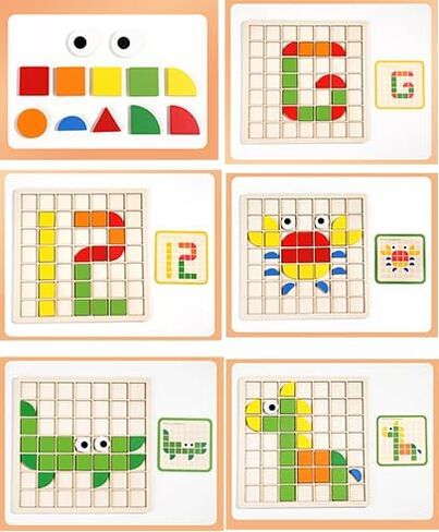 Wooden Pattern Blocks Set 120 Pcs Geometric Shapes Puzzle Classic Montessori Educational Tangram Toys with 24 Design Cards for 4-8 Year Old Kids in Kuwait