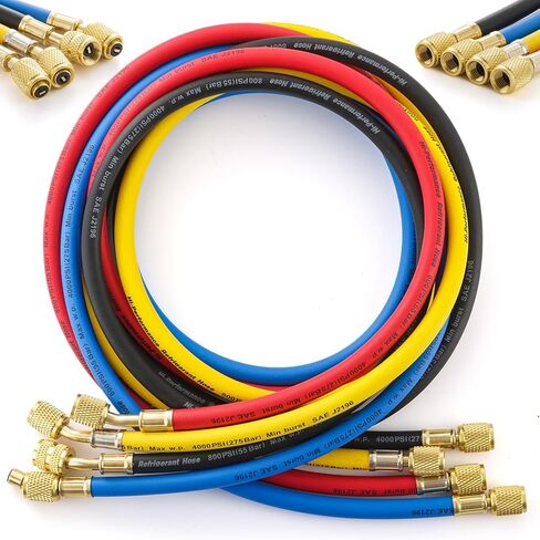 طقم خرطوم قياس مشعب التيار المتردد، 4 قطع، خرطوم شحن مبرد HVAC 1/4 بوصة، خراطيم قياس مكيف الهواء 6FT لنظام R410A R134A R22 R502، 800-4000PSI، 72 بوصة in Kuwait