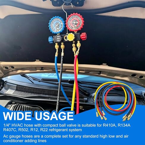طقم خرطوم قياس مشعب التيار المتردد، 4 قطع، خرطوم شحن مبرد HVAC 1/4 بوصة، خراطيم قياس مكيف الهواء 6FT لنظام R410A R134A R22 R502، 800-4000PSI، 72 بوصة in Kuwait