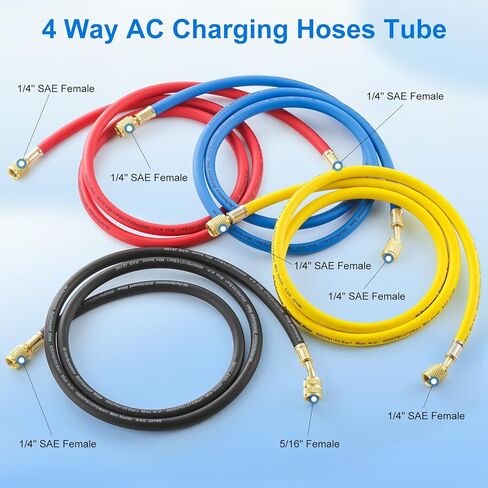 طقم خرطوم قياس مشعب التيار المتردد، 4 قطع، خرطوم شحن مبرد HVAC 1/4 بوصة، خراطيم قياس مكيف الهواء 6FT لنظام R410A R134A R22 R502، 800-4000PSI، 72 بوصة in Kuwait