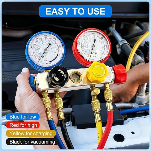 طقم خرطوم قياس مشعب التيار المتردد، 4 قطع، خرطوم شحن مبرد HVAC 1/4 بوصة، خراطيم قياس مكيف الهواء 6FT لنظام R410A R134A R22 R502، 800-4000PSI، 72 بوصة in Kuwait