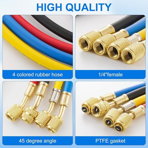 طقم خرطوم قياس مشعب التيار المتردد، 4 قطع، خرطوم شحن مبرد HVAC 1/4 بوصة، خراطيم قياس مكيف الهواء 6FT لنظام R410A R134A R22 R502، 800-4000PSI، 72 بوصة in Kuwait