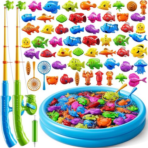 Magnetic Fishing Toys Game For Kids Toddlers 3-5, Water Bath Pool Outdoor Toys For Kids Ages 4-8, Water Table Bathtub Kiddie Party Toy With Pole Rod Net Floating Fish, Summer Water Toys For Boys Girls in Kuwait