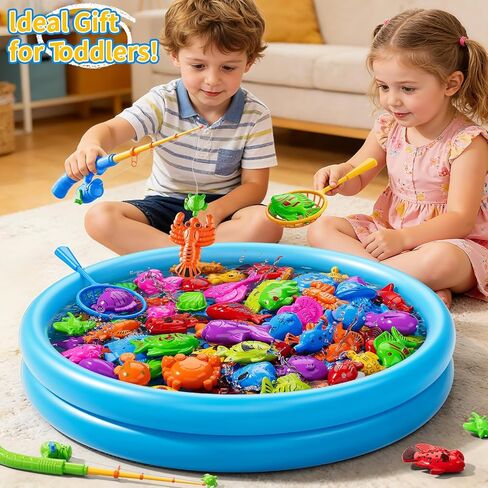 Magnetic Fishing Toys Game For Kids Toddlers 3-5, Water Bath Pool Outdoor Toys For Kids Ages 4-8, Water Table Bathtub Kiddie Party Toy With Pole Rod Net Floating Fish, Summer Water Toys For Boys Girls in Kuwait