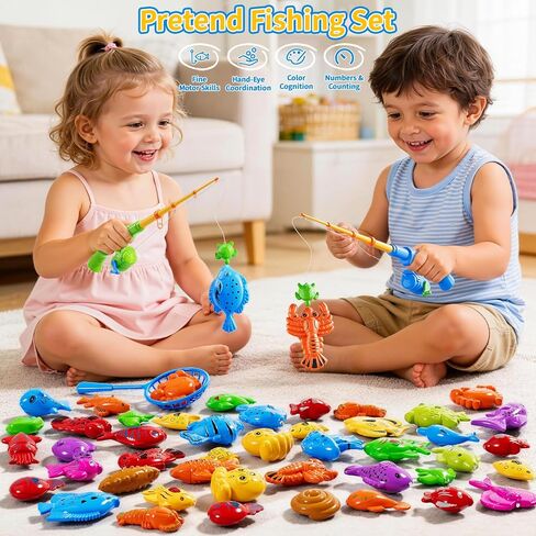 Magnetic Fishing Toys Game For Kids Toddlers 3-5, Water Bath Pool Outdoor Toys For Kids Ages 4-8, Water Table Bathtub Kiddie Party Toy With Pole Rod Net Floating Fish, Summer Water Toys For Boys Girls in Kuwait