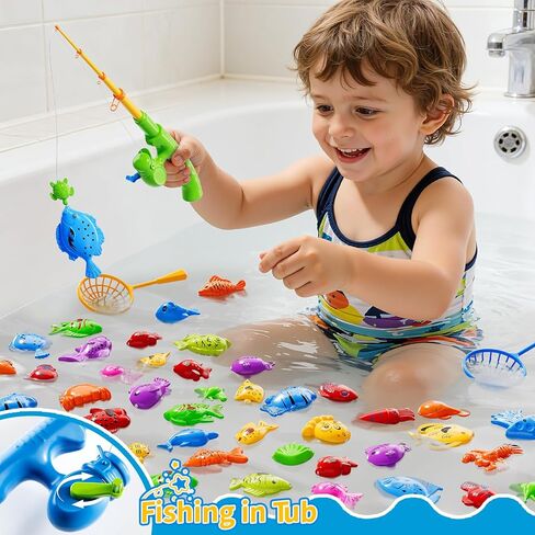 Magnetic Fishing Toys Game For Kids Toddlers 3-5, Water Bath Pool Outdoor Toys For Kids Ages 4-8, Water Table Bathtub Kiddie Party Toy With Pole Rod Net Floating Fish, Summer Water Toys For Boys Girls in Kuwait