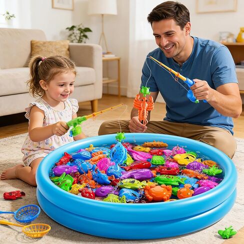 Magnetic Fishing Toys Game For Kids Toddlers 3-5, Water Bath Pool Outdoor Toys For Kids Ages 4-8, Water Table Bathtub Kiddie Party Toy With Pole Rod Net Floating Fish, Summer Water Toys For Boys Girls in Kuwait