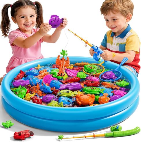Magnetic Fishing Toys Game For Kids Toddlers 3-5, Water Bath Pool Outdoor Toys For Kids Ages 4-8, Water Table Bathtub Kiddie Party Toy With Pole Rod Net Floating Fish, Summer Water Toys For Boys Girls in Kuwait