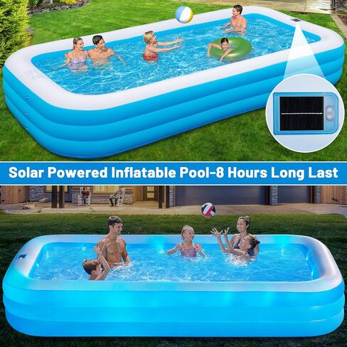 Large Solar Inflatable Pool with Lights, 145"x74"x22", Oversized Thickened Blow Up Pool for Adults, 7 Color Changed Family Swimming Pool for Backyard, Outdoor in Kuwait