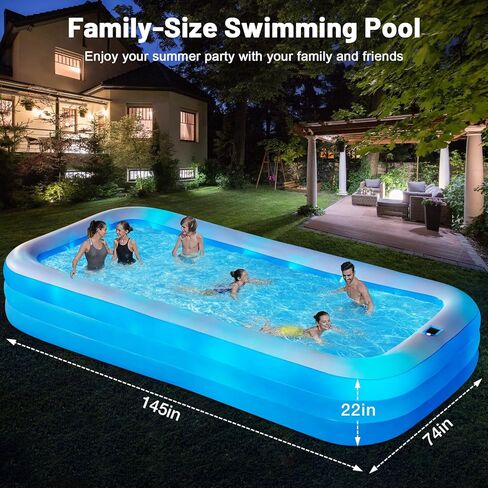 Large Solar Inflatable Pool with Lights, 145"x74"x22", Oversized Thickened Blow Up Pool for Adults, 7 Color Changed Family Swimming Pool for Backyard, Outdoor in Kuwait