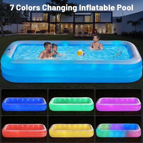 Large Solar Inflatable Pool with Lights, 145"x74"x22", Oversized Thickened Blow Up Pool for Adults, 7 Color Changed Family Swimming Pool for Backyard, Outdoor in Kuwait