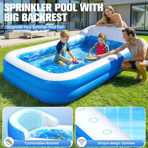 2026 Inflatable Pool with Sprinkler,Durable Blow up Pool with Big Backrest, Rectangle Kid Pool Backyard,Children Swimming Pool,Small Inflatable Kiddie Pool,Outdoor Water Pool for Kid71×41×25IN in Kuwait