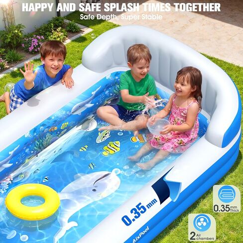 2026 Inflatable Pool with Sprinkler,Durable Blow up Pool with Big Backrest, Rectangle Kid Pool Backyard,Children Swimming Pool,Small Inflatable Kiddie Pool,Outdoor Water Pool for Kid71×41×25IN in Kuwait