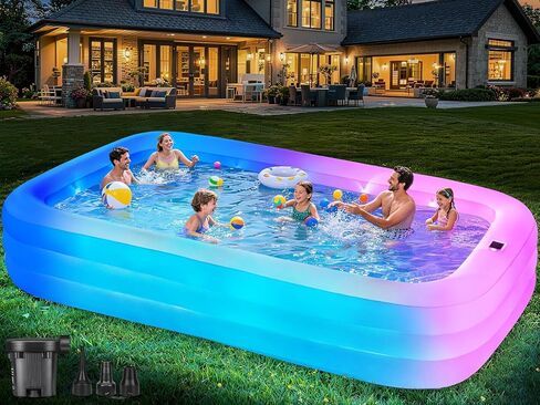 Large Inflatable Pool for Adults,130" x 72" x 22" Thickened Blow Up Pool with Lights & Pump, 7 Color Changed Durable Above Ground Family Swimming Pool for Backyard Outdoor Garden in Kuwait