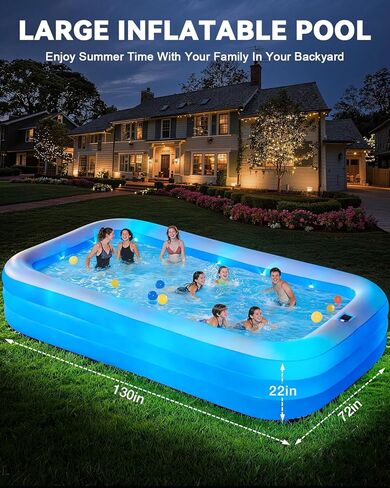 Large Inflatable Pool for Adults,130" x 72" x 22" Thickened Blow Up Pool with Lights & Pump, 7 Color Changed Durable Above Ground Family Swimming Pool for Backyard Outdoor Garden in Kuwait
