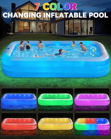 Large Inflatable Pool for Adults,130" x 72" x 22" Thickened Blow Up Pool with Lights & Pump, 7 Color Changed Durable Above Ground Family Swimming Pool for Backyard Outdoor Garden in Kuwait