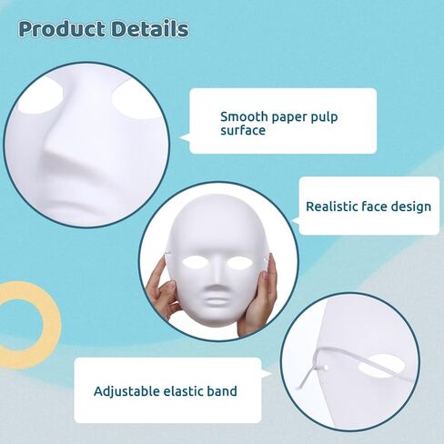 50 Pcs Diy White Face Masks For Men, Blank Paper Mache Craft Masks With Stretch Bands, Full Face Design For Art, Theater, Or Costume Use in Kuwait