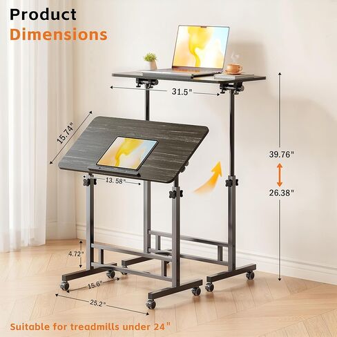 Adjustable Standing Desk - Rolling Portable Desk for Home Office, Black Portable Rolling Desk, Small Standing Desk with Wheels for Walking Pad, Study Room, Teacher in Kuwait