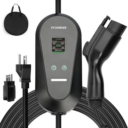 Level 1+2 Portable EV Charger for Electric Cars, 16A 3.5KW with 1.8 Inch LCD Display, 110V-240V, 6-20P Power Plug, J1772 Compatible, Applicable to Household Electricity in Kuwait