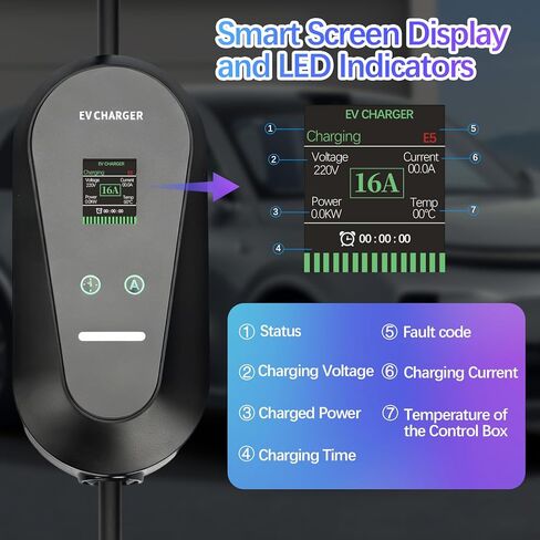 Level 1+2 Portable EV Charger for Electric Cars, 16A 3.5KW with 1.8 Inch LCD Display, 110V-240V, 6-20P Power Plug, J1772 Compatible, Applicable to Household Electricity in Kuwait