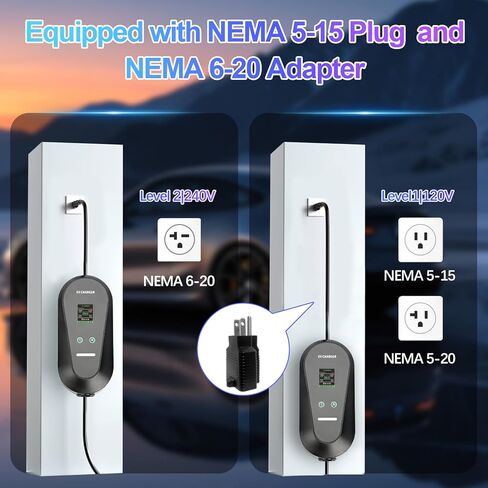 Level 1+2 Portable EV Charger for Electric Cars, 16A 3.5KW with 1.8 Inch LCD Display, 110V-240V, 6-20P Power Plug, J1772 Compatible, Applicable to Household Electricity in Kuwait