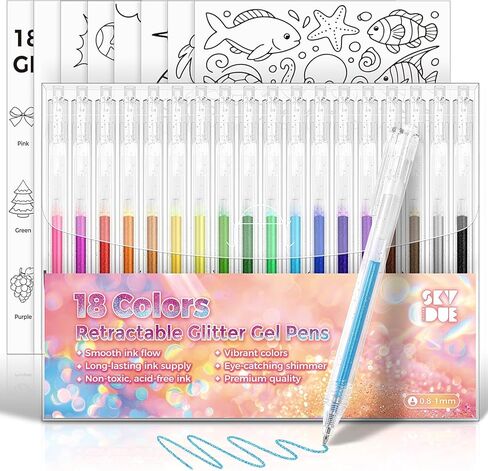 SKYDUE Glitter Gel Pens Set, 18 Colors Retractable Sparkle Glitter Pens for Coloring Books, Drawing, Journaling, Scrapbooking & DIY Crafts – Smooth Writing & Non-Toxic Art Pens in Kuwait