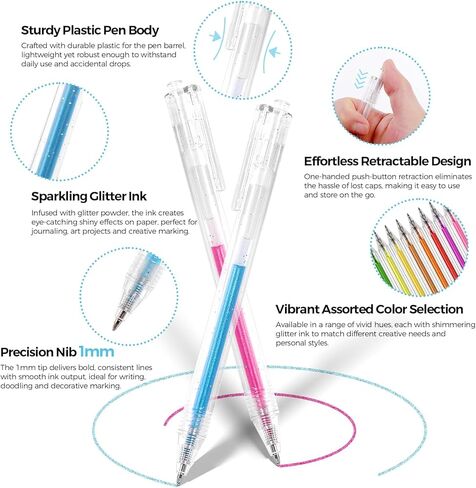 SKYDUE Glitter Gel Pens Set, 18 Colors Retractable Sparkle Glitter Pens for Coloring Books, Drawing, Journaling, Scrapbooking & DIY Crafts – Smooth Writing & Non-Toxic Art Pens in Kuwait