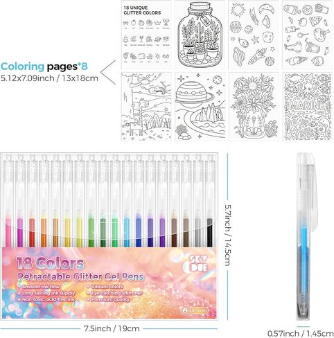 SKYDUE Glitter Gel Pens Set, 18 Colors Retractable Sparkle Glitter Pens for Coloring Books, Drawing, Journaling, Scrapbooking & DIY Crafts – Smooth Writing & Non-Toxic Art Pens in Kuwait