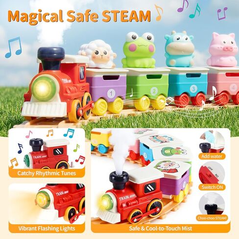 Train Set Toy for Toddler 1 2 3 Year Old, Realistic Mist Steam Electric Farm Animal Train Set Music & Lights, Early Learning Counting Matching & Sorting, Xmas Birthday Gifts for Baby Boys Girls 18M+ in Kuwait