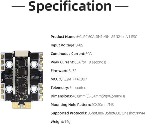 HGLRC 60A BL32 8S M3 3-8S MINI 4IN1 ESC، يدعم DShot300 / DShot600 / Oneshot/PWM لطائرة سباق FPV بدون طيار حرة in Kuwait