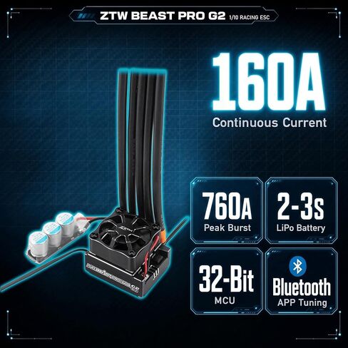 ZTW Beast PRO G2 160A ESC for 1/10 RC Car 32-Bit Bluetooth APP Programmable Brushless Speed Controller Sensored Sensorless 2-3S 6V/7.4V 4A BEC for Touring Drift On-Road Racing in Kuwait