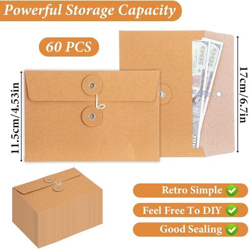 60 Pcs Paper Envelopes with String Tie Closure, 4.5 x 6.7 Inches Brown Project Pockets for Office School Documents Invitations Photos Organizer in Kuwait