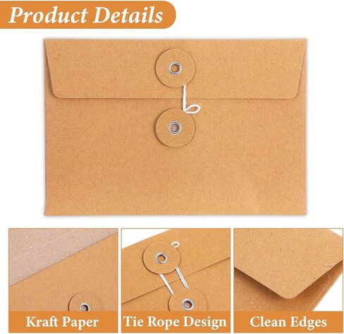60 Pcs Paper Envelopes with String Tie Closure, 4.5 x 6.7 Inches Brown Project Pockets for Office School Documents Invitations Photos Organizer in Kuwait