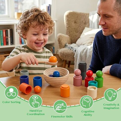 Rainbow Balls in Cups Toddler Montessori Toys for 1 Year Old Up, Kids Preschool Wooden Matching Games for Learning Color Sorting and Counting in Saudi Arabia