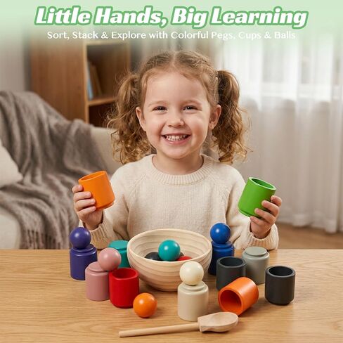 Rainbow Balls in Cups Toddler Montessori Toys for 1 Year Old Up, Kids Preschool Wooden Matching Games for Learning Color Sorting and Counting in Saudi Arabia