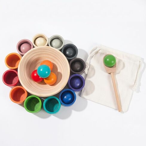 Rainbow Balls in Cups Toddler Montessori Toys for 1 Year Old Up, Kids Preschool Wooden Matching Games for Learning Color Sorting and Counting in Saudi Arabia