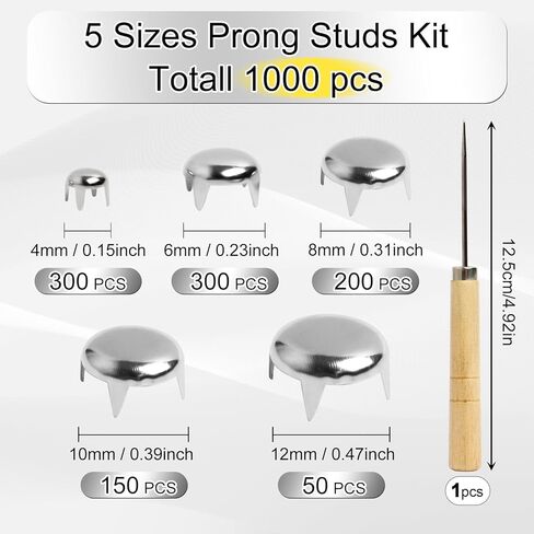 SBYURE 1000 Pcs Round Dome Studs 5 Sizes Studs for Clothing Round Dome Studs and Spikes Prong Studs Kit for Leather Craft Clothing Belts Bags Shoes Bracelets Dog Collar Accessories DIY (Silver) in Kuwait