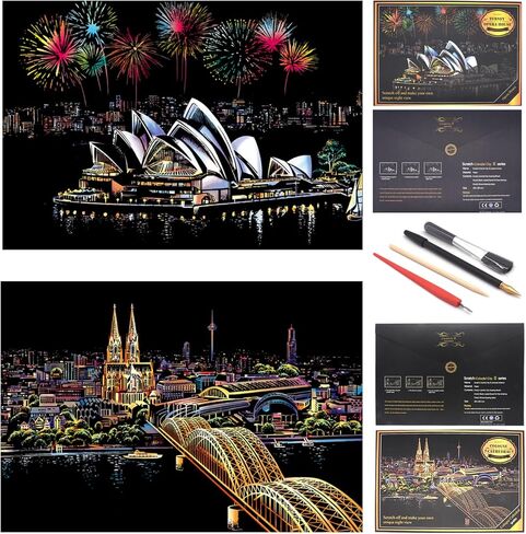 BOTEEN Scratch Rainbow Painting Art Paper,Scratch & Sketch Art for Adults,Scratch Painting Creative Gift Engraving Art & Craft Set,Sketch Pad DIY Scratchboard with 4 Tools,16''x11''(German Series) in Kuwait