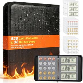 Coin Collection Book for Collectors - Fireproof 520 Pockets Coin Book Holder & 36 Sleeves Currency Sleeves for Coin Currency Collection Supplies, Bill, Pennies, Quarters, Stamps in Kuwait