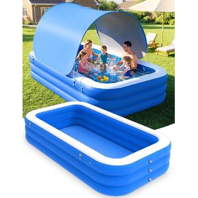 MoKo Inflatable Swimming Pool with Canopy, Large Blow Up Pool with Shade for Adults Kids Kiddie Toddler, 102" × 65" × 23" Big Foldable Family Above Ground Pools for Backyard Garden, Blue/White in Kuwait