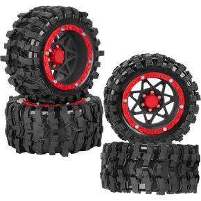 1/16 RC Wheels and Tires 4PCS, RCHuiWow 12mm Hex Plastic Rim Tires Set for 1/16 M-J-X16207-210,H-B-X16889-890,S-C-Y16101-106,Summit E-Revo Gorgon Grom,Mini Kraton 3S RC Truck Upgrades,Green&Red in Kuwait