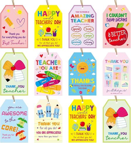 WorldBazaar End of Year Teacher Gift Tags 50Pcs Graduation Teacher Appreciation Thank You Label Tags with String Class School Summer Grads Holiday Party Supplies in Kuwait