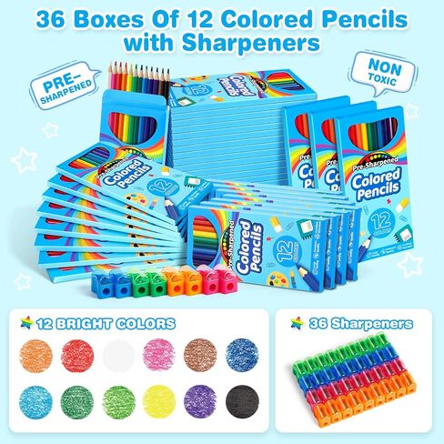Jyusmile 432 Count Colored Pencils Bulk, Pre-sharpened Coloring Pencils for Kids, 36 Pack 12 Assorted Colors with Sharpener, Bulk School Supplies for Teachers, Classroom Prizes, Drawing Art Supplies in Kuwait