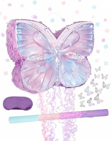 Butterfly Pinata Set - Purple Crystal Butterfly Pull String Piñata with Blindfold, Bat, Confetti for Birthday Fairy Party Decorations (16.1'') in Kuwait