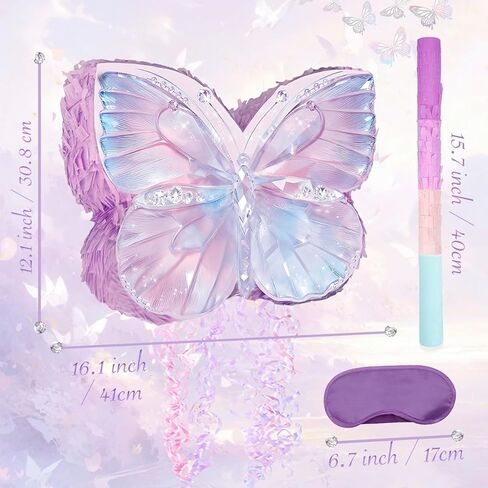 Butterfly Pinata Set - Purple Crystal Butterfly Pull String Piñata with Blindfold, Bat, Confetti for Birthday Fairy Party Decorations (16.1'') in Kuwait
